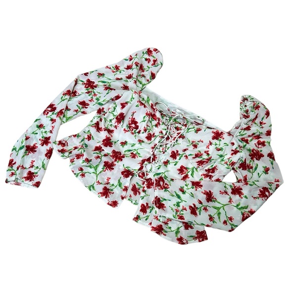 Missguided White Floral Long Sleeve Shirt Tie Up Front and Puff Sleeves - Picture 2 of 5